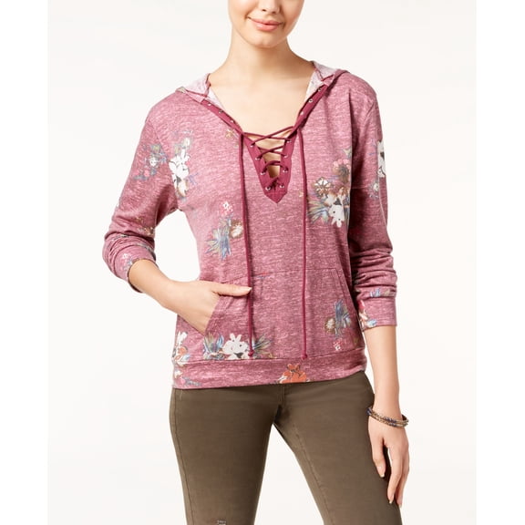 Gypsies Moondust Juniors Printed Lace Up Hoodie Burgundy Floral S