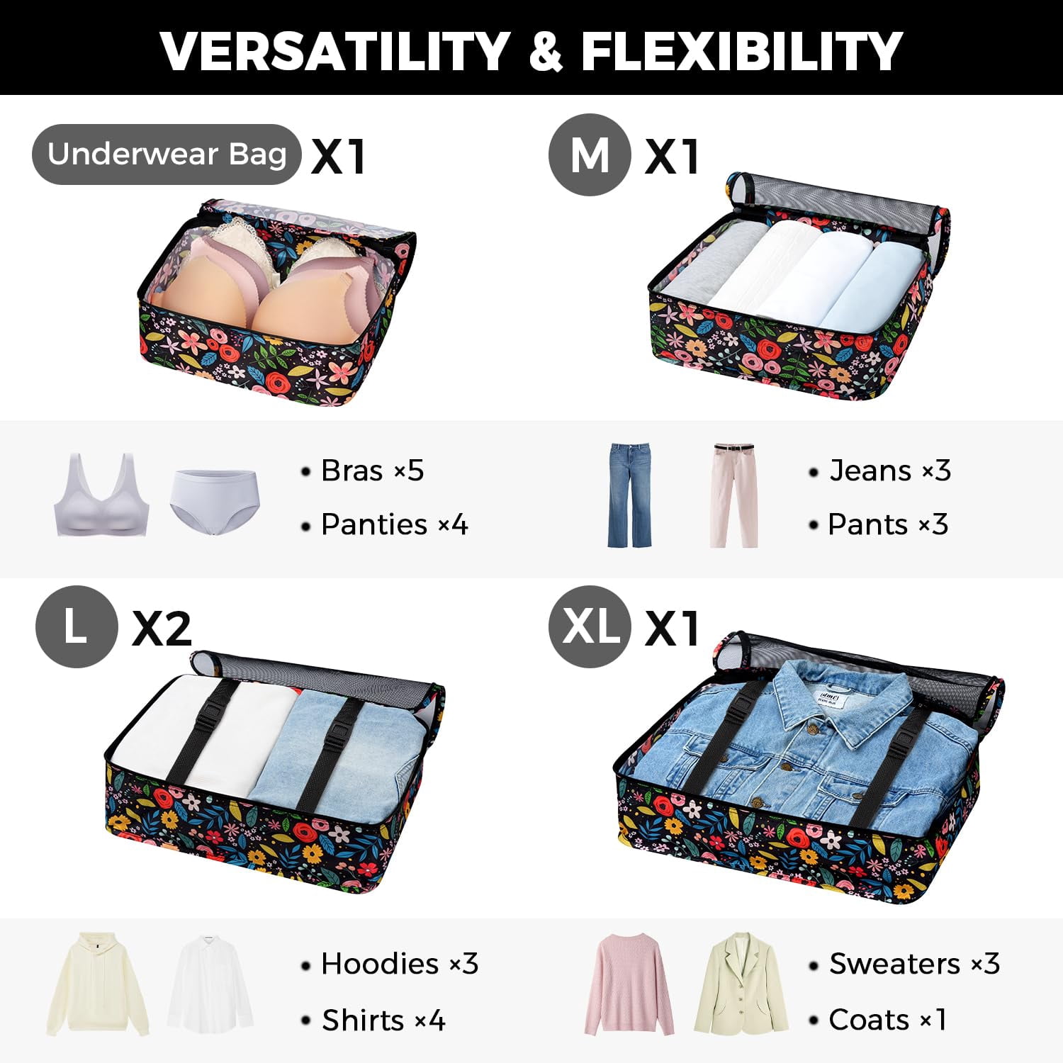 8 Set Packing Cubes Luggage Organizers For Travel Accessories-black Floral