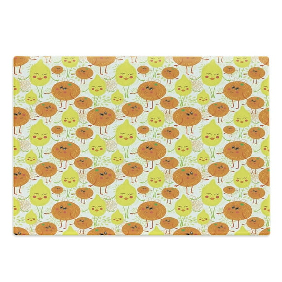 Tangerine Cutting Board, Childish Pattern of Cheerful Lemon and Orange Floral Backdrop, Decorative Tempered Glass Cutting and Serving Board, in 3 Sizes, by Ambesonne