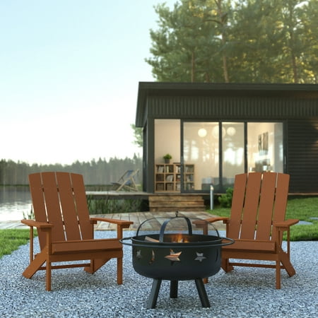Flash Furniture Charlestown 3 Pcs Iron Wood Burning Fire Pit Set With Adirondack Chairs Teak