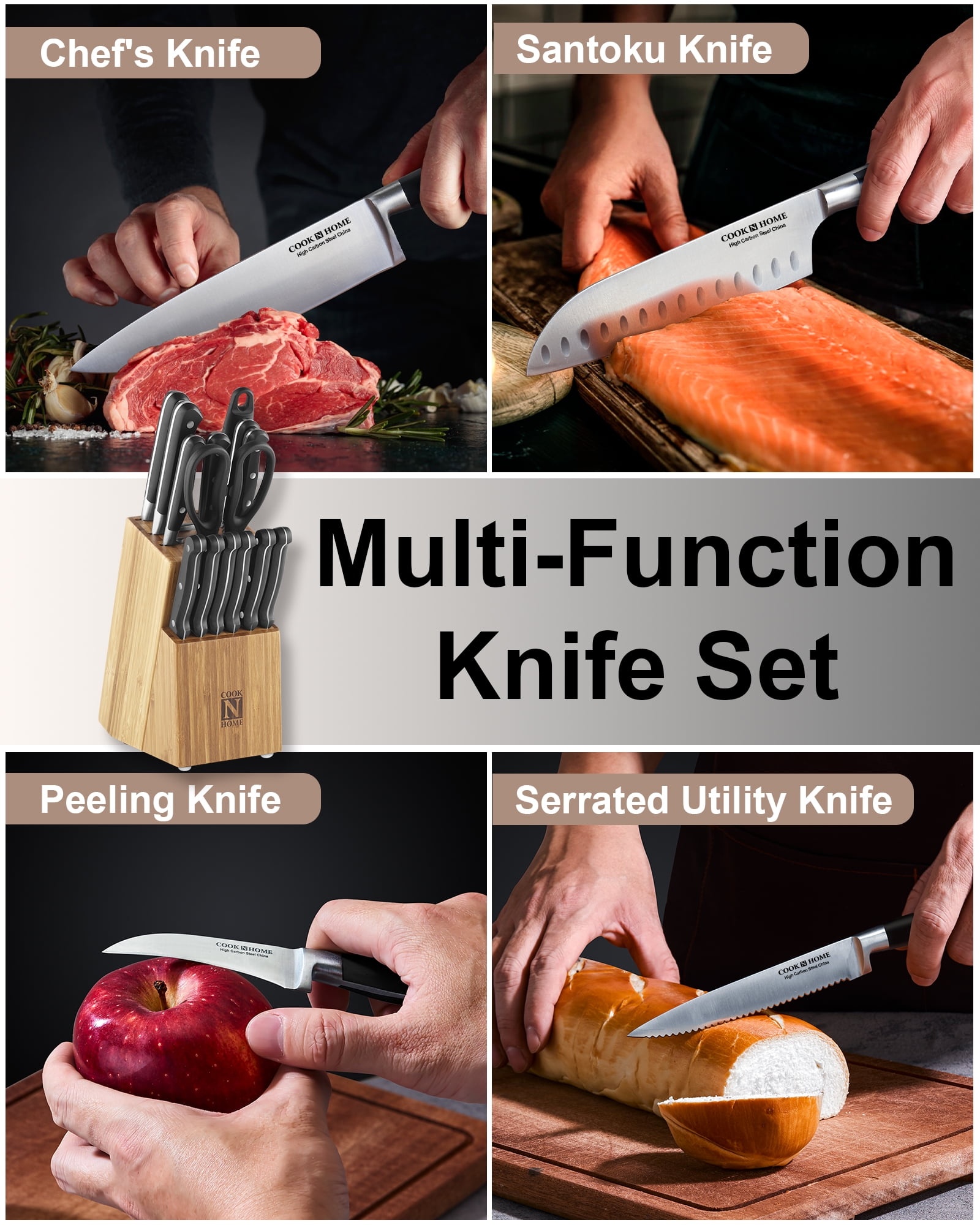 Kitchen Knife Set,IKAIZI 15PCS Knife Set With Wooden Block, Self Sharpening  For Chef Knife Set, High Carbon Stainless Steel Hammered Collection Knife