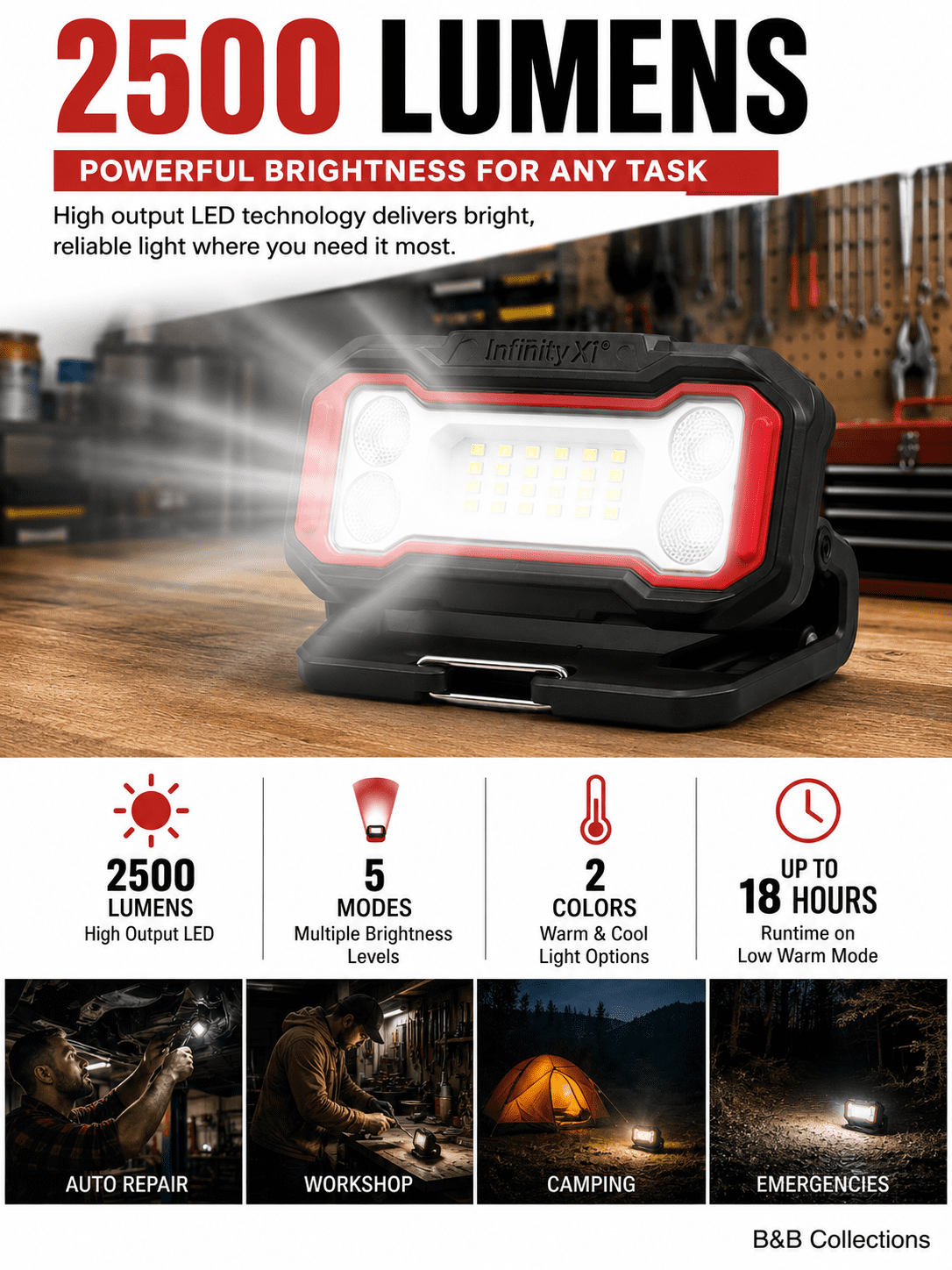 Infinity X1 Rechargeable LED Work Lights, 2500 Lumens, USB-C Rechargeable, Magnetic Base, Adjustable Stand, 3-Pack