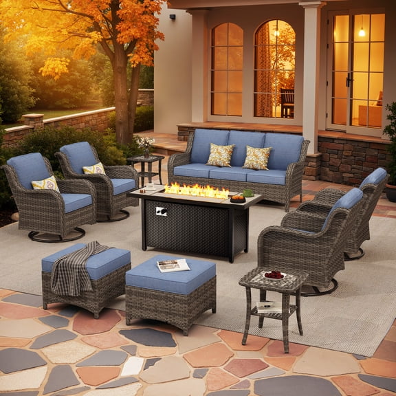 XIZZI 10-Piece Patio Furniture Sets with Fire Pit Table and Four Swivel Rocking Chairs, High Back PE Wicker Outdoor Furniture with Ottoman, All-Weather Outdoor Conversation Set-Denim Blue