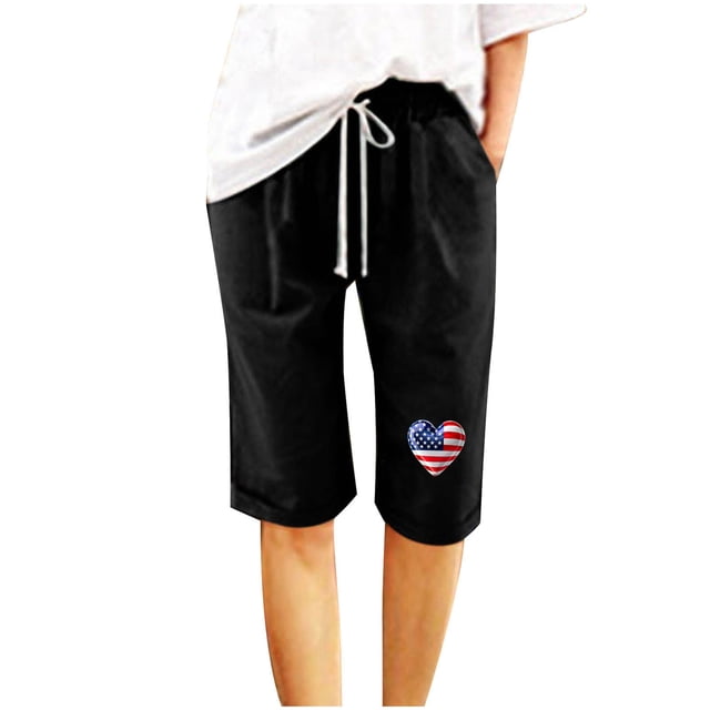 Timegard Womens Independence Day Shorts Print Elastic Waisted Drawstring Casual Half Pants with Pockets