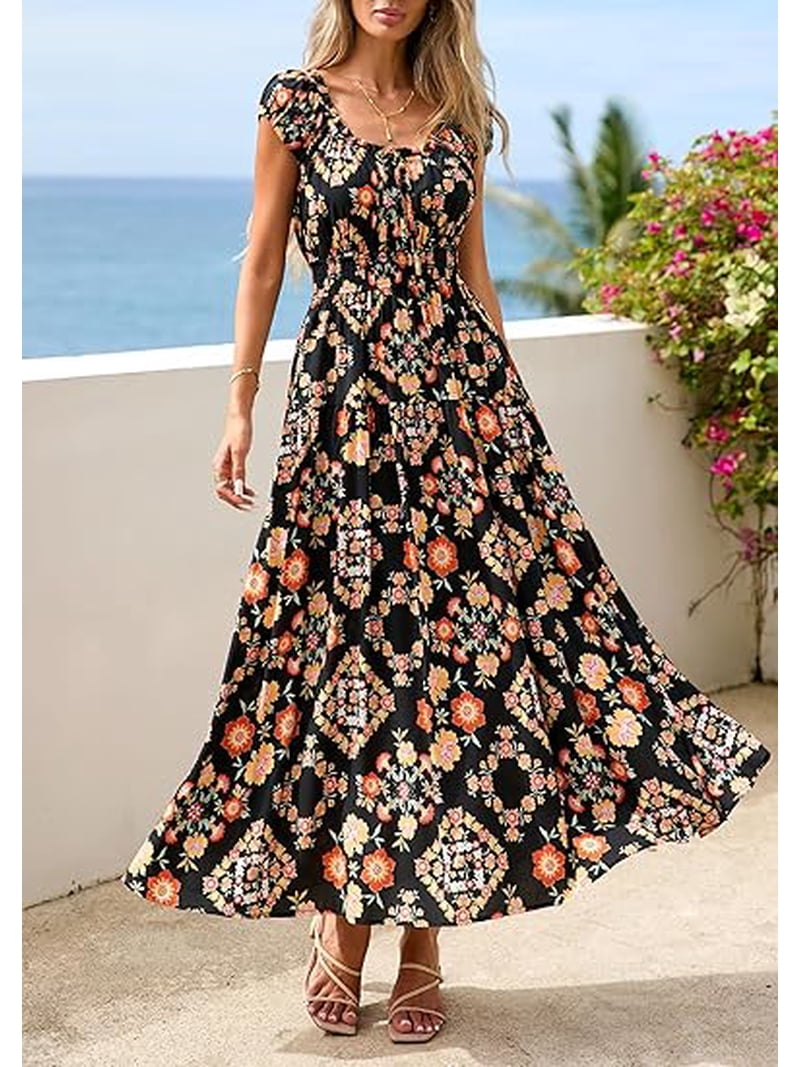floral maxi dress with cap sleeves Prettygarden Women's Boho Maxi Dress Summer Cap Sleeve Long Flowy Beach Vacation Floral Sundresses Spring Resort Wear, Size: Medium, Black