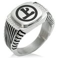 thumbnail image 1 of Stainless Steel Murakami Samurai Crest CZ Ribbed Needle Stripe Pattern Biker Style Polished Ring, 1 of 1
