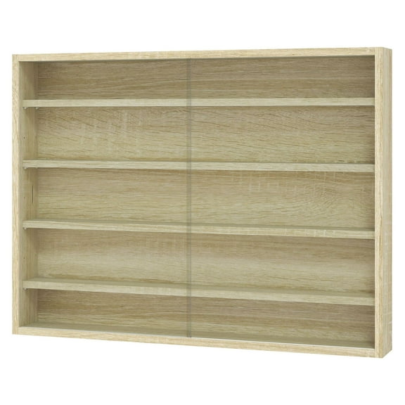 Wall Mounted Display Cabinet, 5-Tier Glass Door Cabinet, Adjustable Shelves - Oak Collectibles Showcase