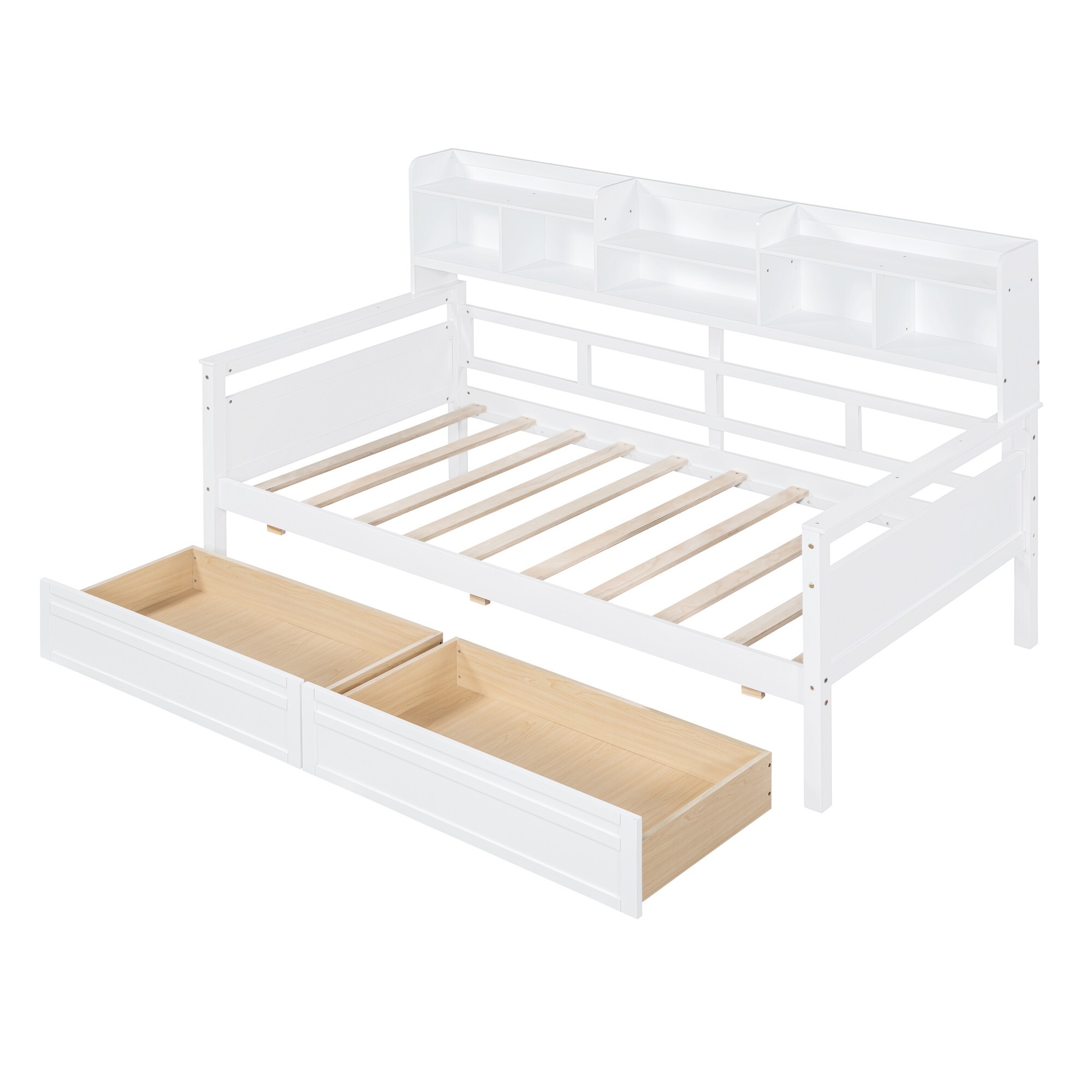 AENKYO Twin Size Wooden Daybed Bed Frame with 2 Storage Drawers and Headboard Shelf, Solid Wood Sofa Bed, White