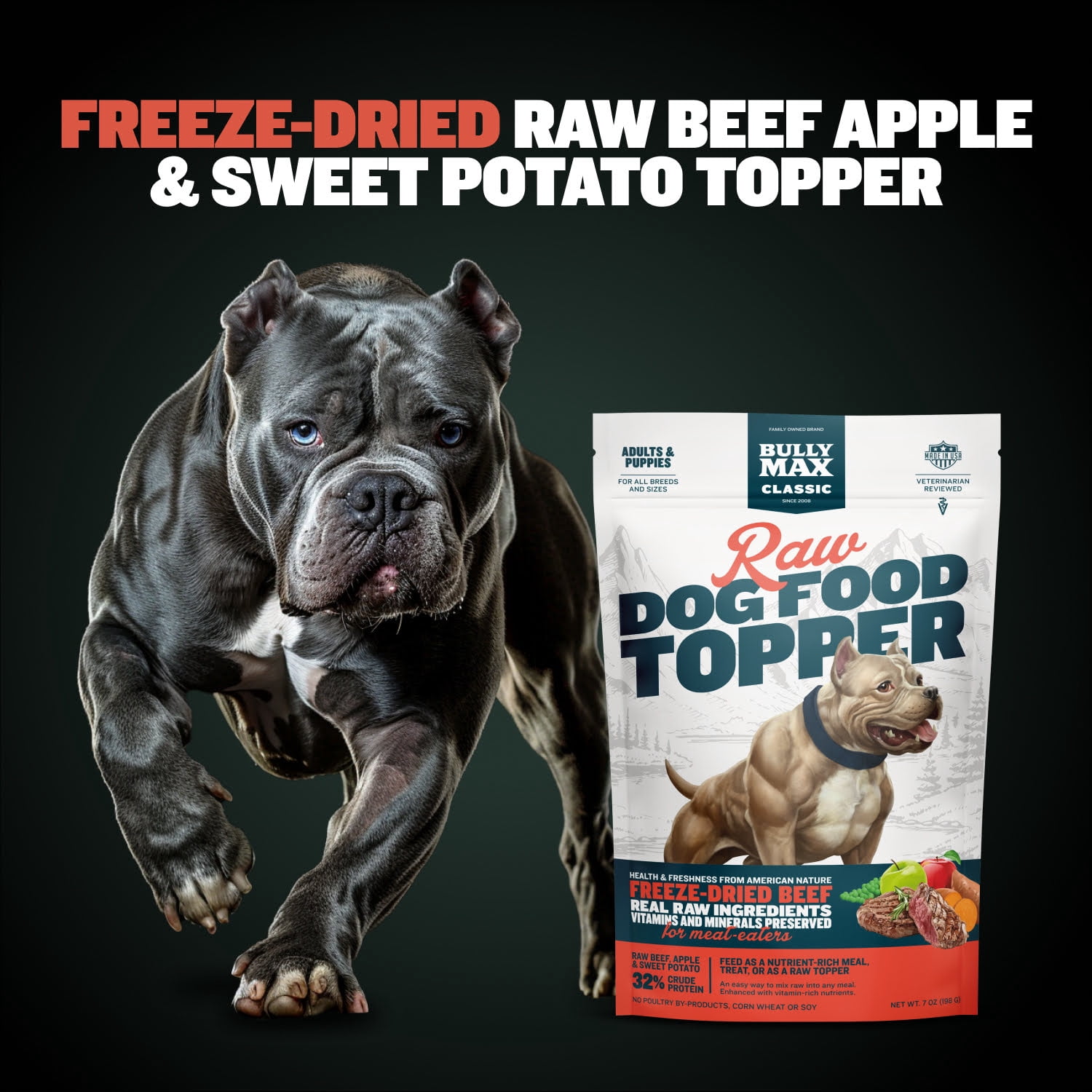 Bully Max Freeze-Dried Beef Flavor Raw Dog Food Topper, 7 oz. Bag