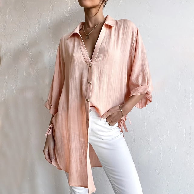 Ensembles pour Femmes Clairière Manches 3/4 Solides Tops Blouse Col en V Pull-Over Rose XL