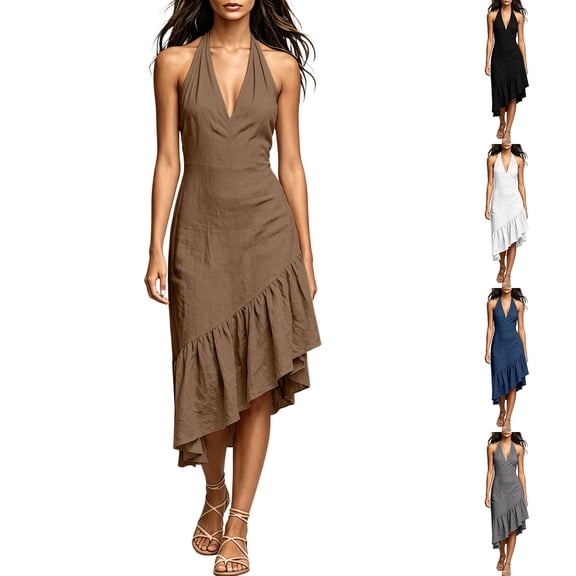 VBVC Women's Halter V Neck Asymmetrical Midi Dress , Ladies' Ruffle Hem Sleeveless Cocktail Dress , Summer Party Vacation Dresses For Women,Khaki,S-3XL