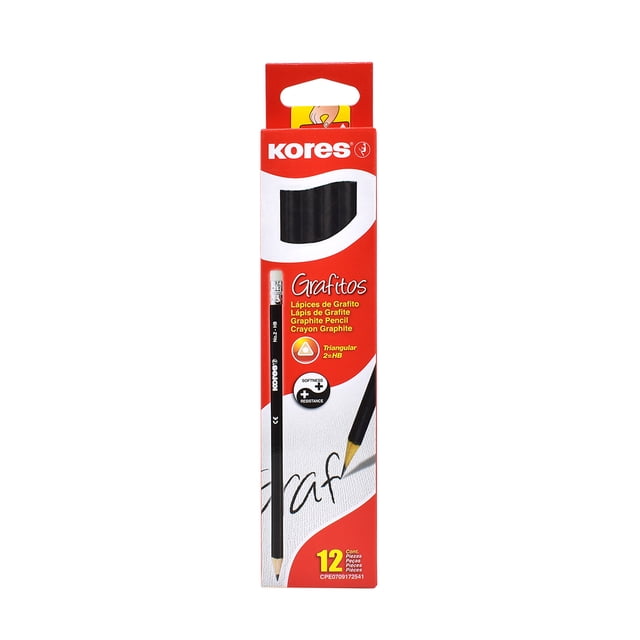 Lápiz Grafito Kores 2HB Triangular Negro con Goma, Caja 12 Piezas para Escritura y Dibujo