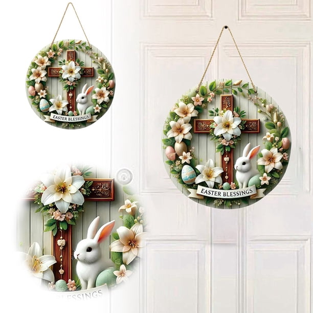 Colgante de Pascua, corona de huevos, conejo, decoración festiva, colgante para la puerta, placa redonda de madera para la puerta