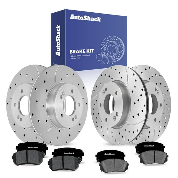 AutoShack Front & Rear Drilled & Slotted Brake Rotors Premium Ceramic Brake Pads | Replacement for 2020 Hyundai Kona 2.0L FWD | Silver Coated | 12-PC Brake Kit | TurboGuard