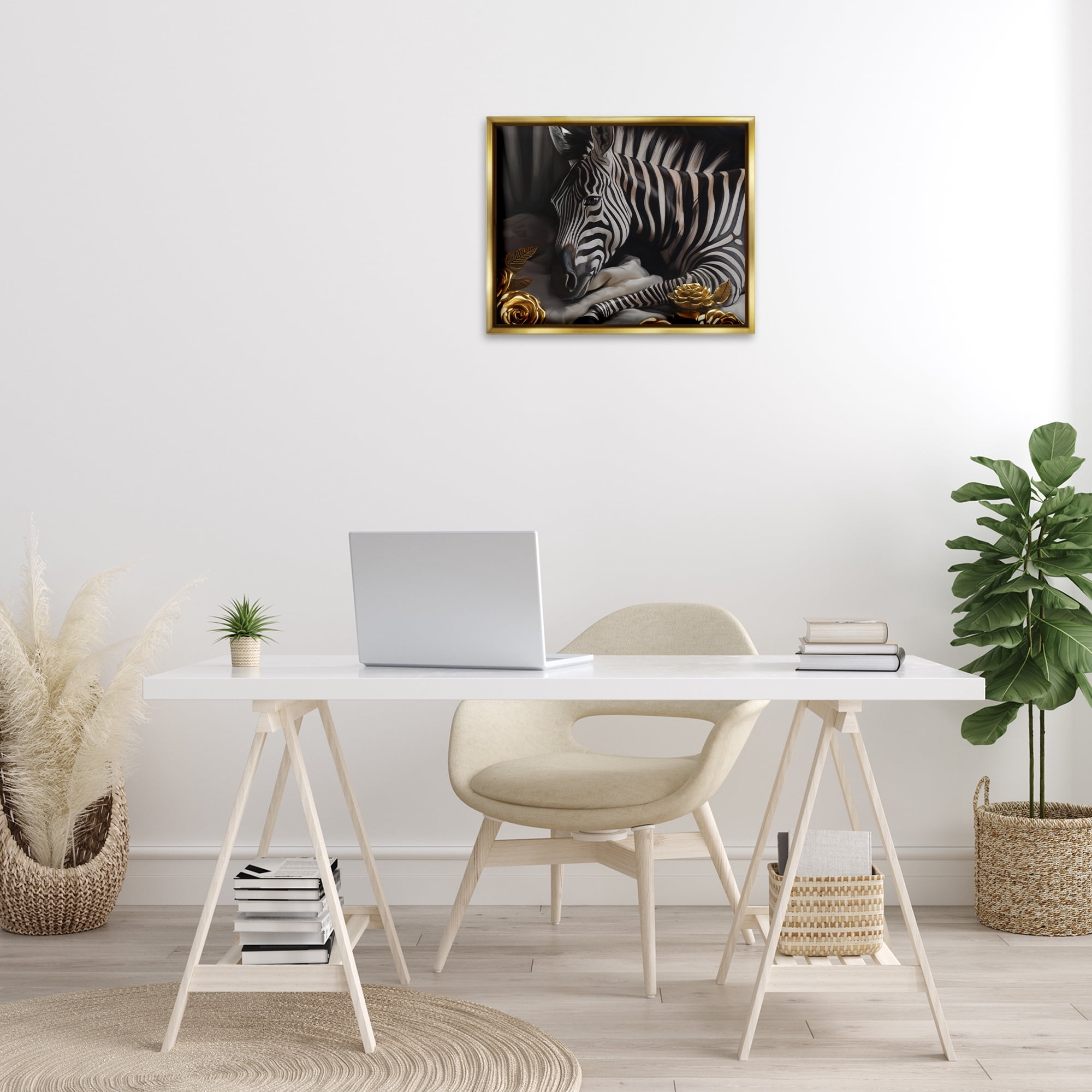 Stupell Industries Zebra with Gold Flowers Animals Painting Gold Floater Framed Canvas Art Print Wall Art, 21 x 17