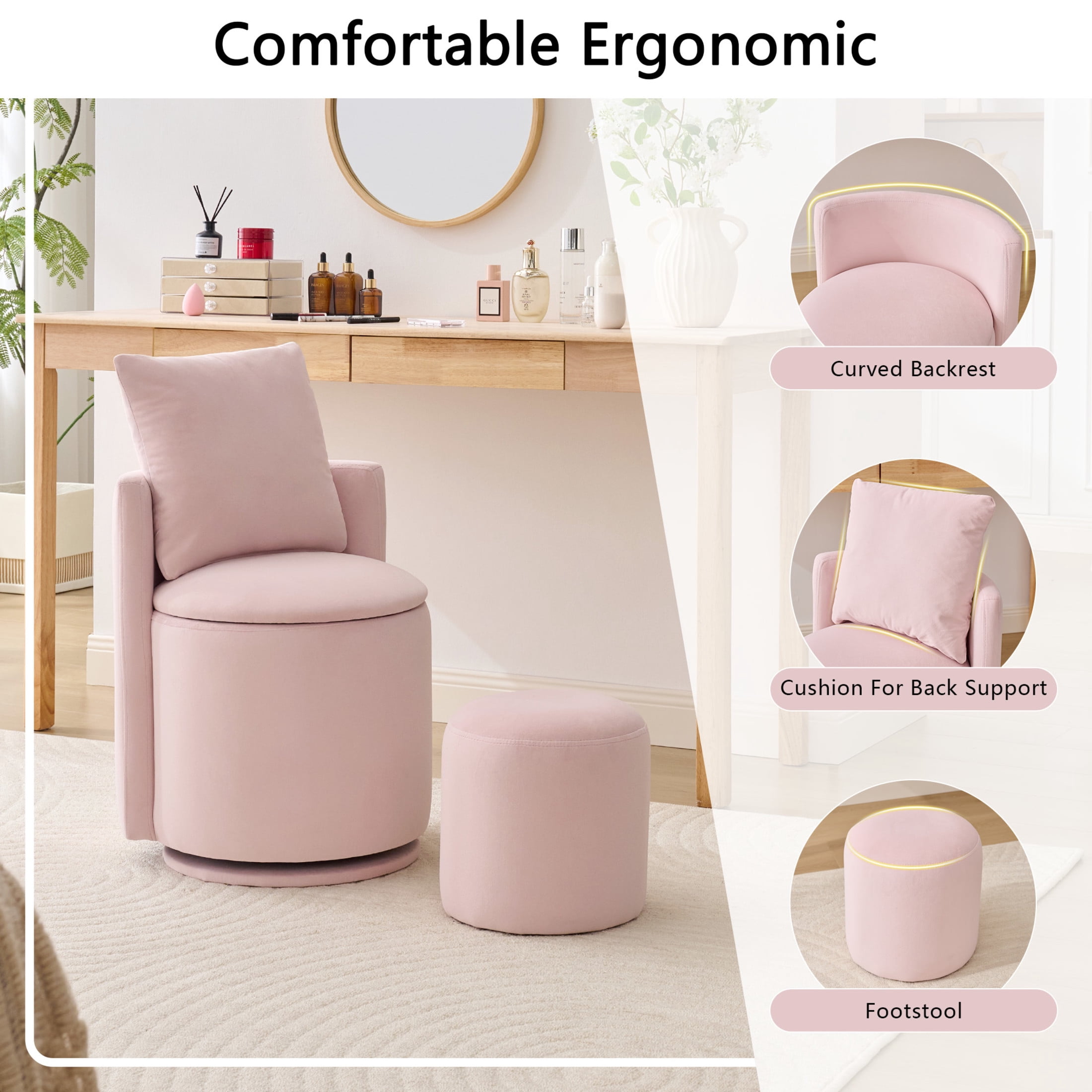Noble House Velvet Swivel Accent Chair with Ottoman & Toss Pillow, Storage Barrel Chair, Pink