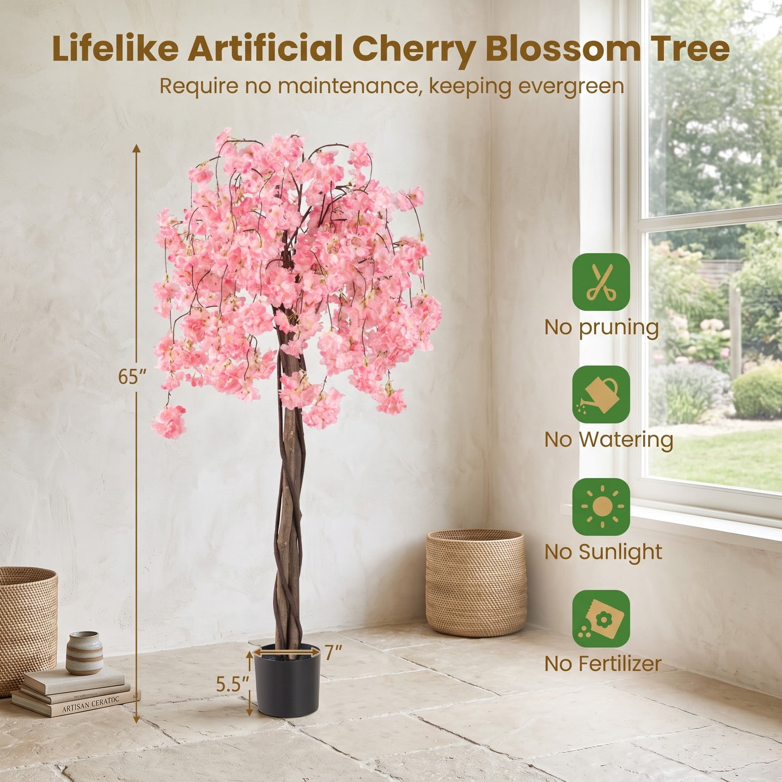 ALPULON 5.5 FT Artificial Cherry Blossom Tree with Pink and White Flowers, Faux Silk Sakura Tree with Solid Wood Trunk and Cement-Filled Pot for Home Office, Pink