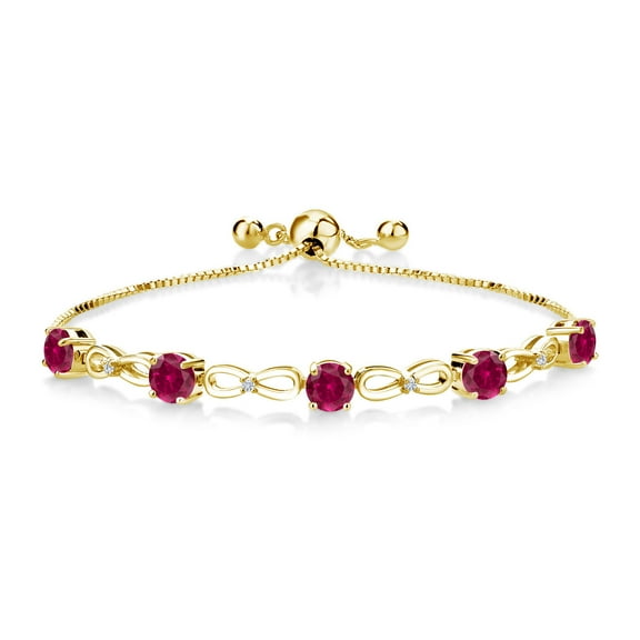 Gem Stone King 18K Yellow Gold Plated Silver Round Red Created Ruby and White Moissanite Tennis Bracelet for Women (5.04 Cttw, Fully Adjustable up to 8 inch)