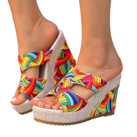 Rokment Boho Platform Wedge Dress Slides Sandals for Woman Colorful Trendy Casual Leather Linen Sole Chunky High Heels Slip on Womens Summer Beach Vacation Shoes A Size 6