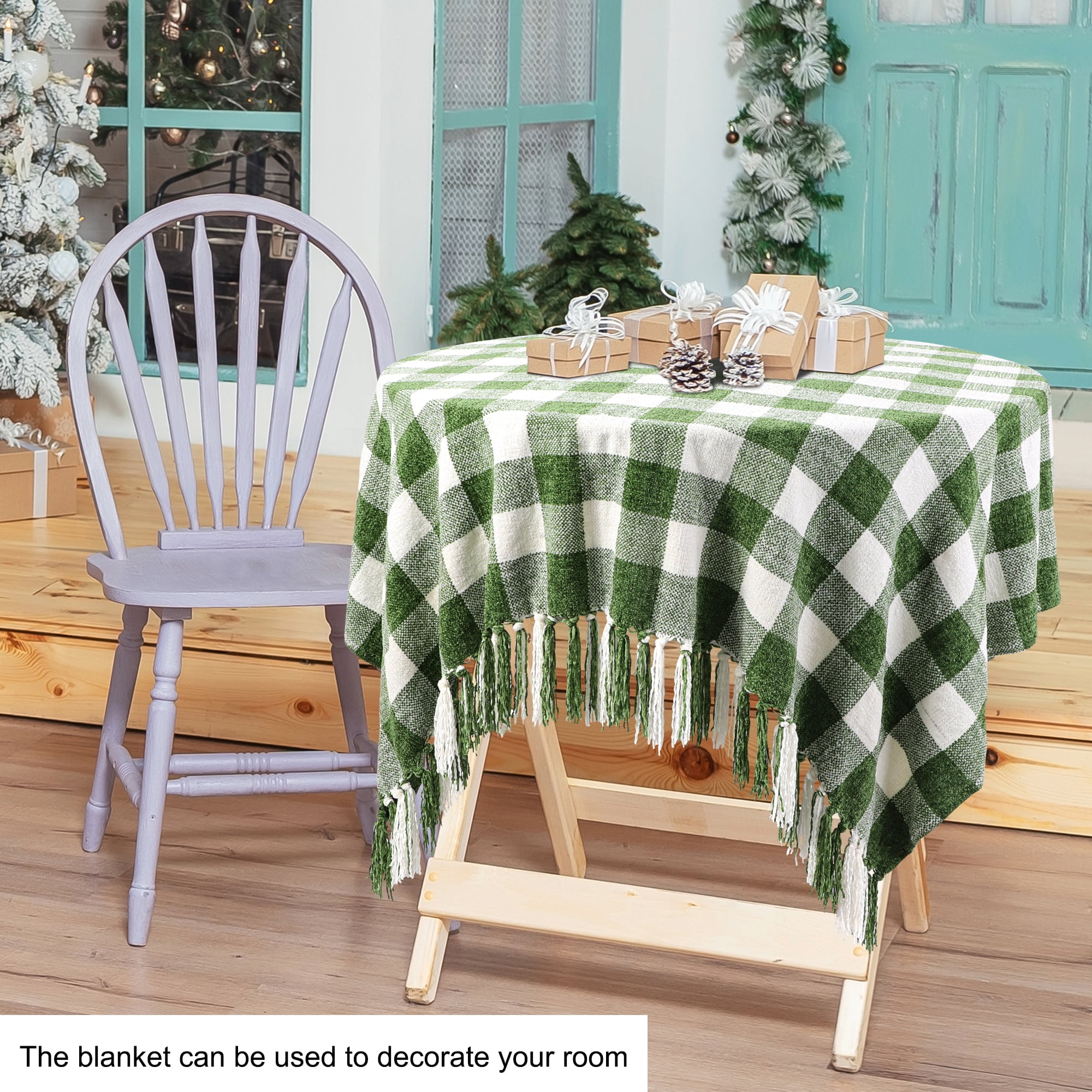 Unique Bargains Chenille Throw Blankets Soft Plaid Fern Green and White, Throw
