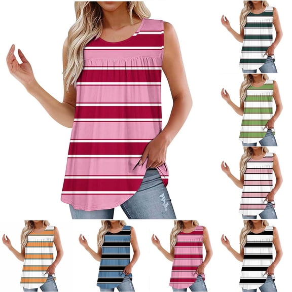 GERsome Summer Tank Tops for Women Pleated Scoop Neck Loose Fit Flowy Sleeveless T-Shirts Casual Vacation Curved Hem Muscle Tee S-2XL