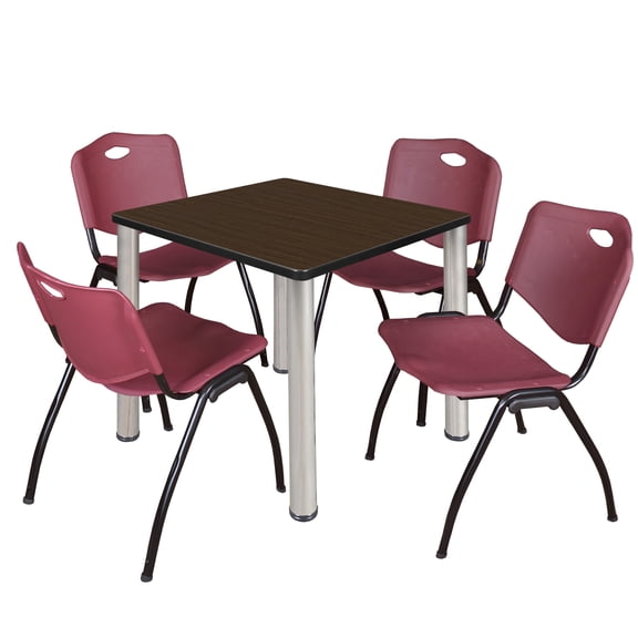 Trek 30" Square Breakroom Table- Neo Walnut/ Chrome & 4 'M' Stack Chairs- Burgundy
