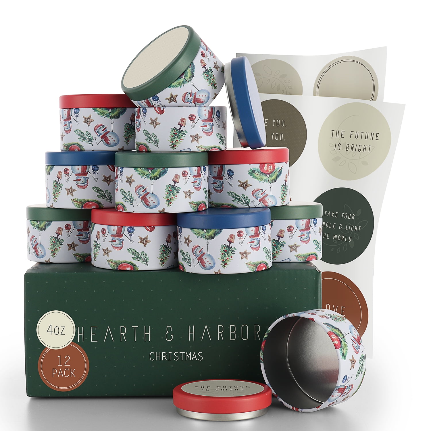 Hearth & Harbor 4 Oz, 12 Pack Christmas DIY Candle Containers with Lids