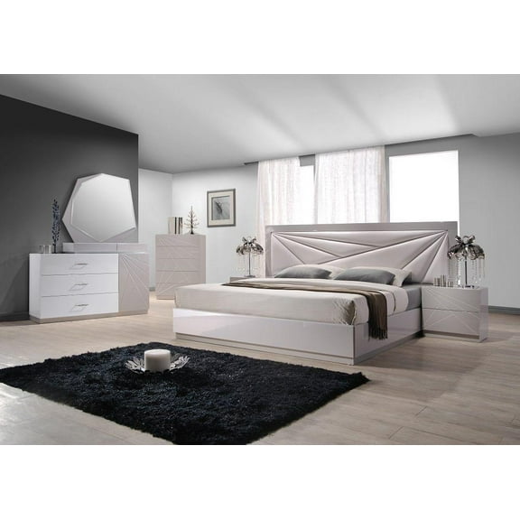 Modern White&Light Grey Lacquer Finish King Platform Bedroom 3Pcs J&M Florence