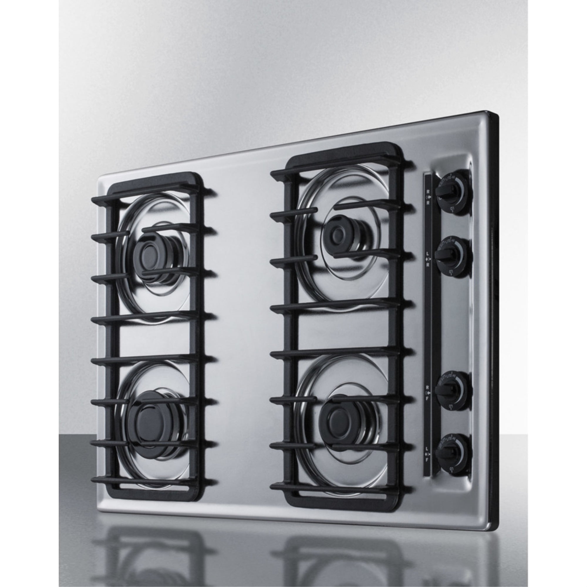 30" wide gas cooktop with four sealed burners, chrome surface, and cast iron grates; made in the USA