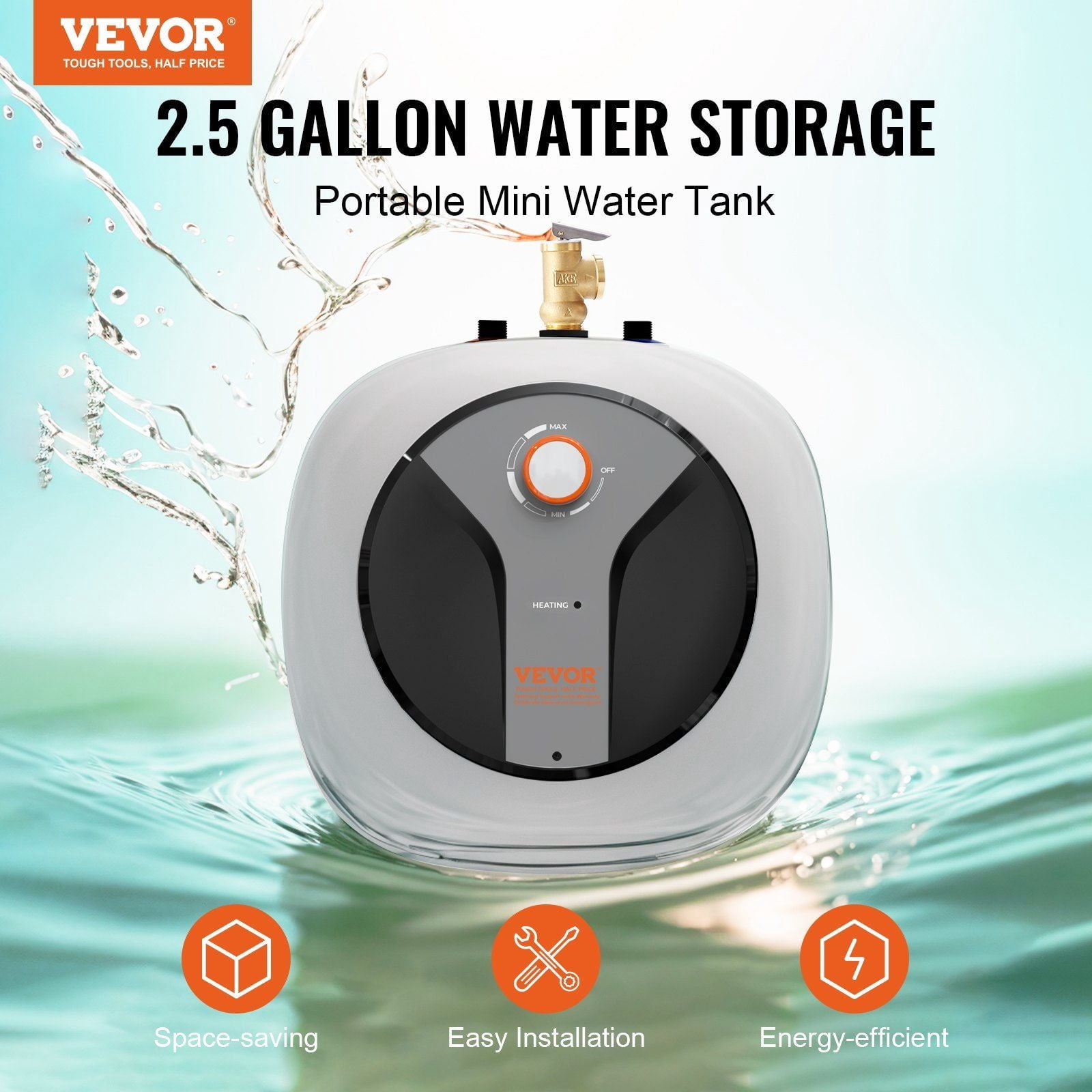 Electric Mini-Tank Water Heater 2.5-Gallon Tank, 1440W Hot Water Boiler Storage, Safety Temperature Pressure Valve Easy Install, for Kichen Bathroom Restaurant, Shelf Wall Floor Mounted