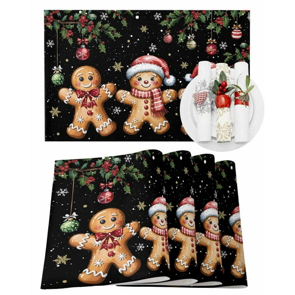 Christmas Placemats Set of 6, Gingerbread Man Place Mats Xmas Balls Berry Black Snowflake Placemat Table Decoration for Kitchen Table Dinner Xmas Holiday Party Home Decor Indoor Outdoor 13x19 Inch