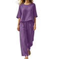 thumbnail image 3 of Jamicy Womens Outfits Set Summer Travel Vacation Airport Outfits Solid Color Short Sleeve Top with Pants Oversized Loungewear Sets, 3 of 7
