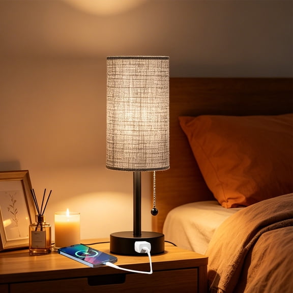 Table Lamp for Bedroom, 3-Color Bedside Lamps with Pull Chain Bedroom Table Lamps for Nightstand,AC Outlet Small Lamp for Living Room
