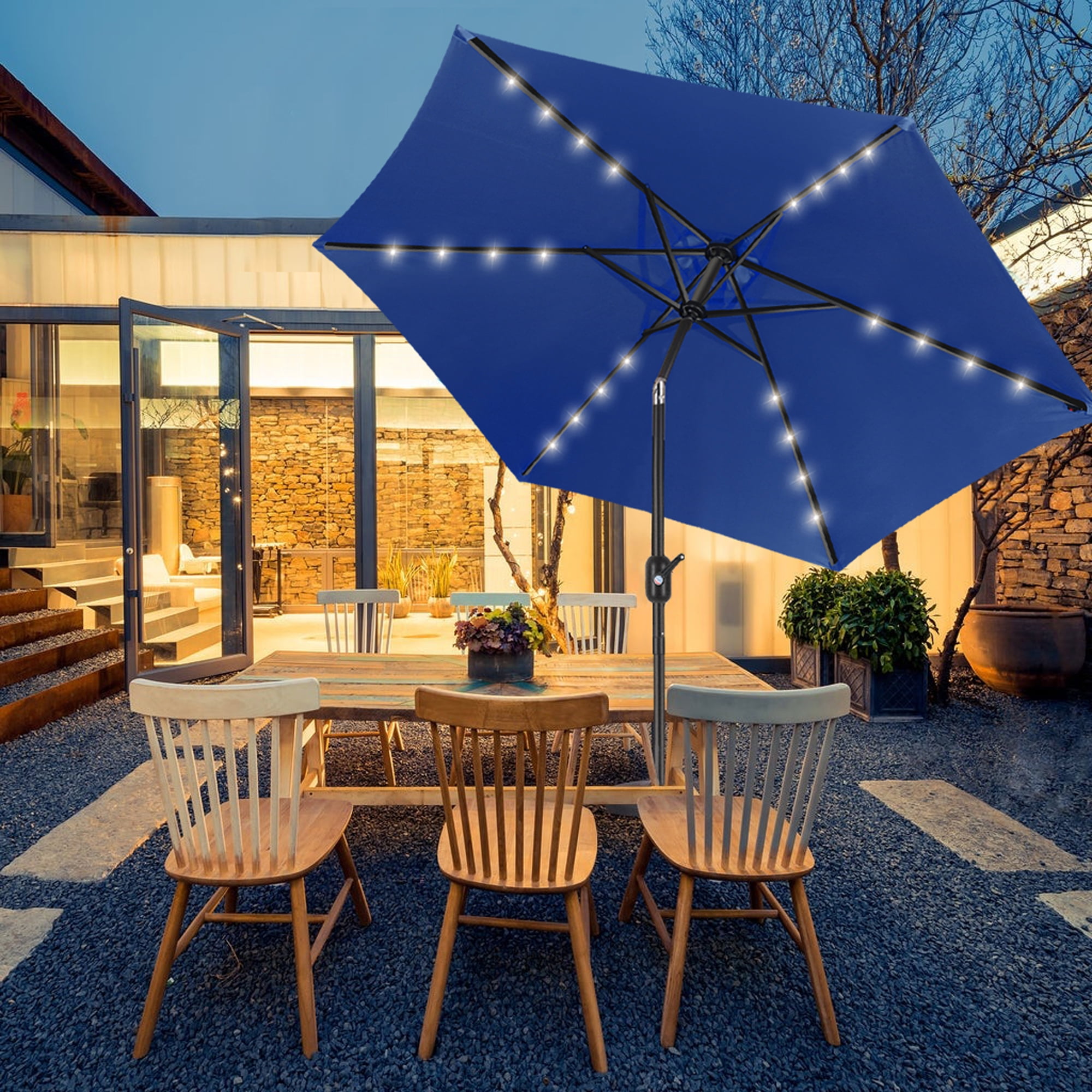 Scafild | 7.5 Ft Solar LED Light Patio Umbrella Outdoor W/ Easy Tilt - Navy