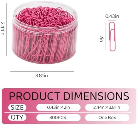 Jumbo Paper Clips, 2 Inch Large Paper Clip, 300 pcs Paperclips, Pink