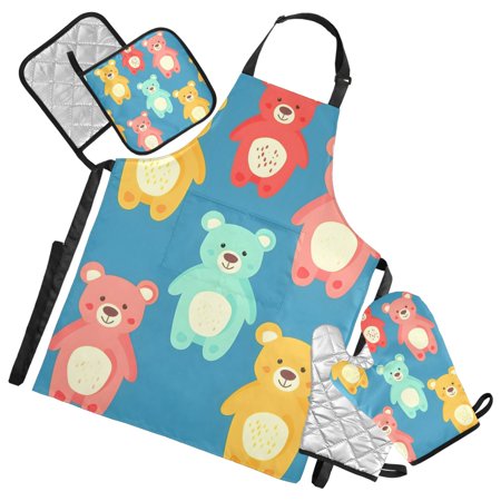 Colorful Cute Bears Apron Set with Oven Mitts Pot Holders Set of 5 Kitchen Stuff Accessories
