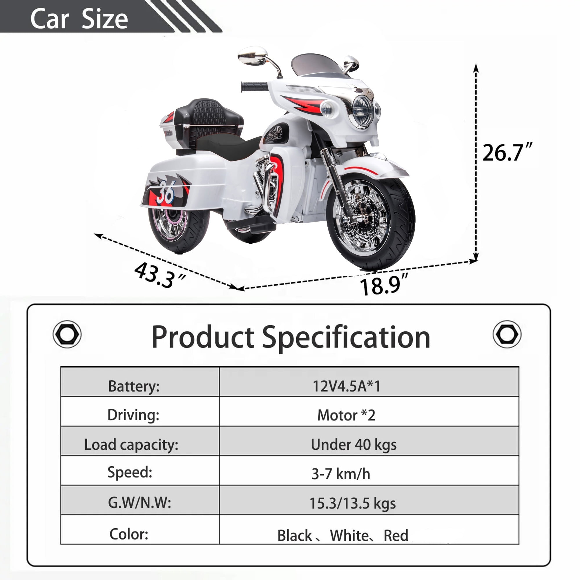 12V Kids Motorcycle Electric Ride On Toy with 1.8-3.2 MPH Speed, Power Display, Music & Wireless Phone Connection, Large Storage Trunk, LED Headlight - 66LB Load Capacity for Toddlers & Kids