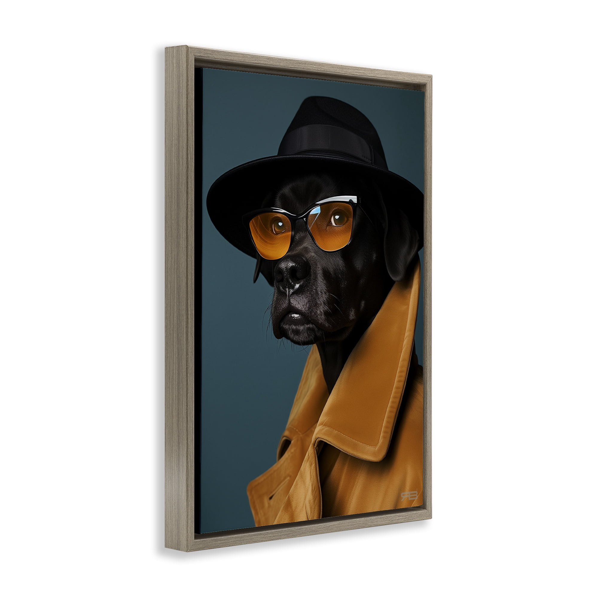 Stupell Industries Black Dog in Suit Animals & Insects Painting Brown Floater Framed Canvas Art Print Wall Art, 21 x 31