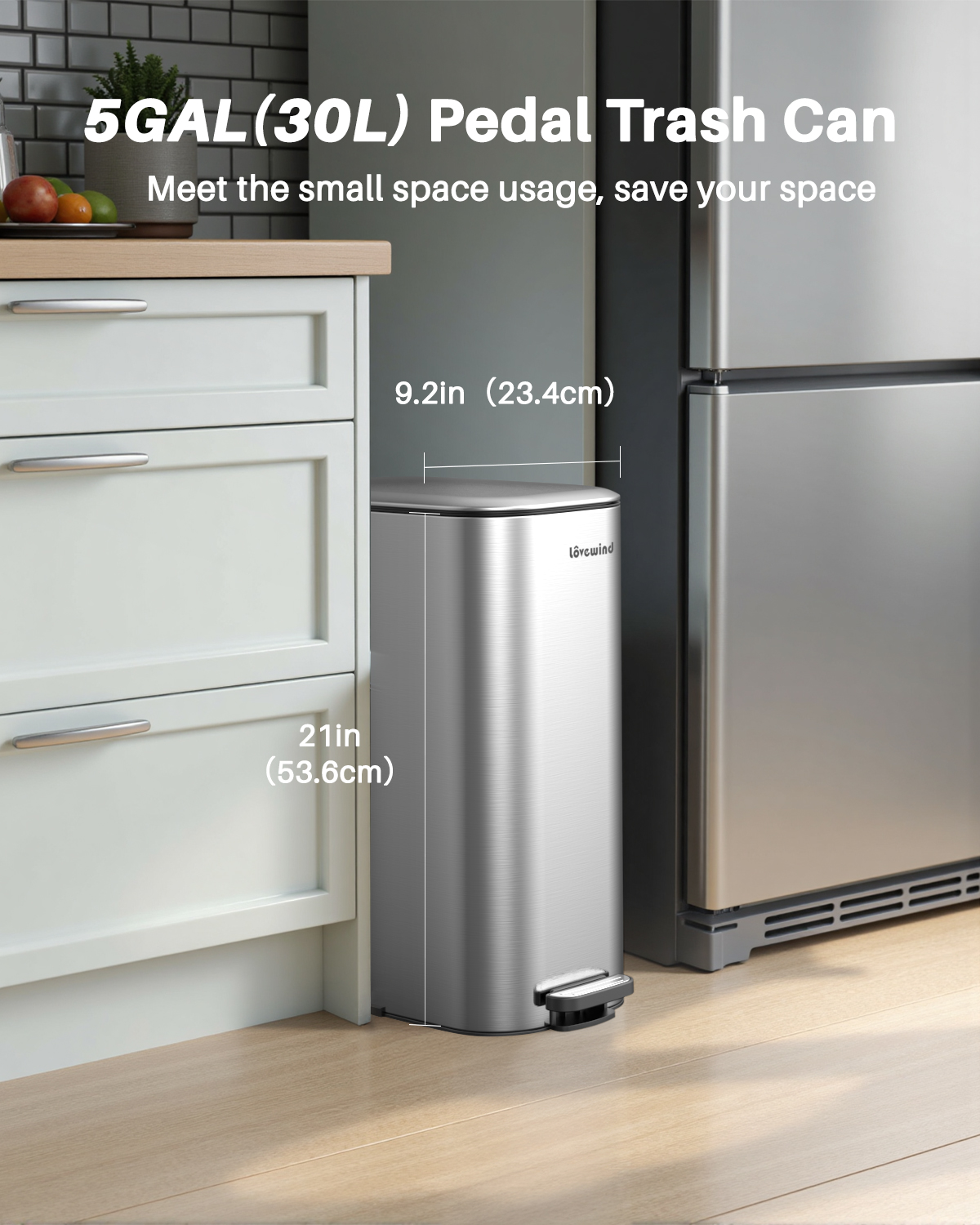 8 Gallon (30L)Trash Can,Stainless Steel Step Garbage Can with Lid ,Waste Bin for Kitchen,Bathroom,Bedroom Home Office,Silver