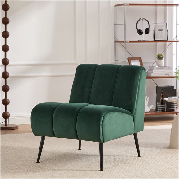 JERFIT Modern Velvet Accent Chair, Armless Upholstered Lounge Chair with Black Metal Legs for Living Room, Bedroom, Office, Green