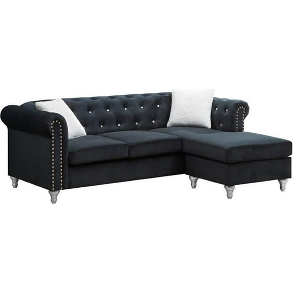 Maklaine Contemporary Soft Velvet Sofa Chaise in Black Finish