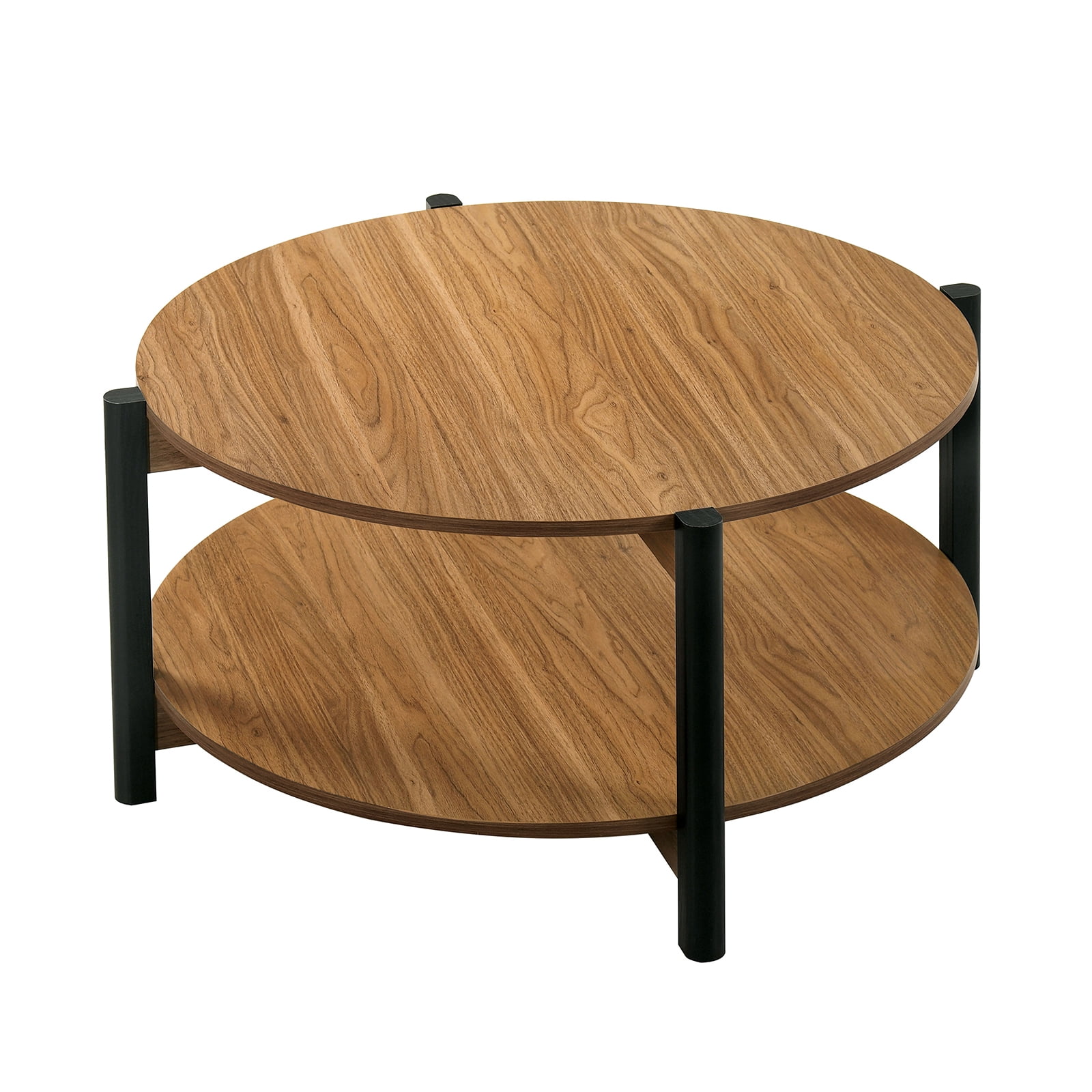 Walnut Finish Coffee Table 1pc Open Shelf Round Top Transitional Living Room Furniture