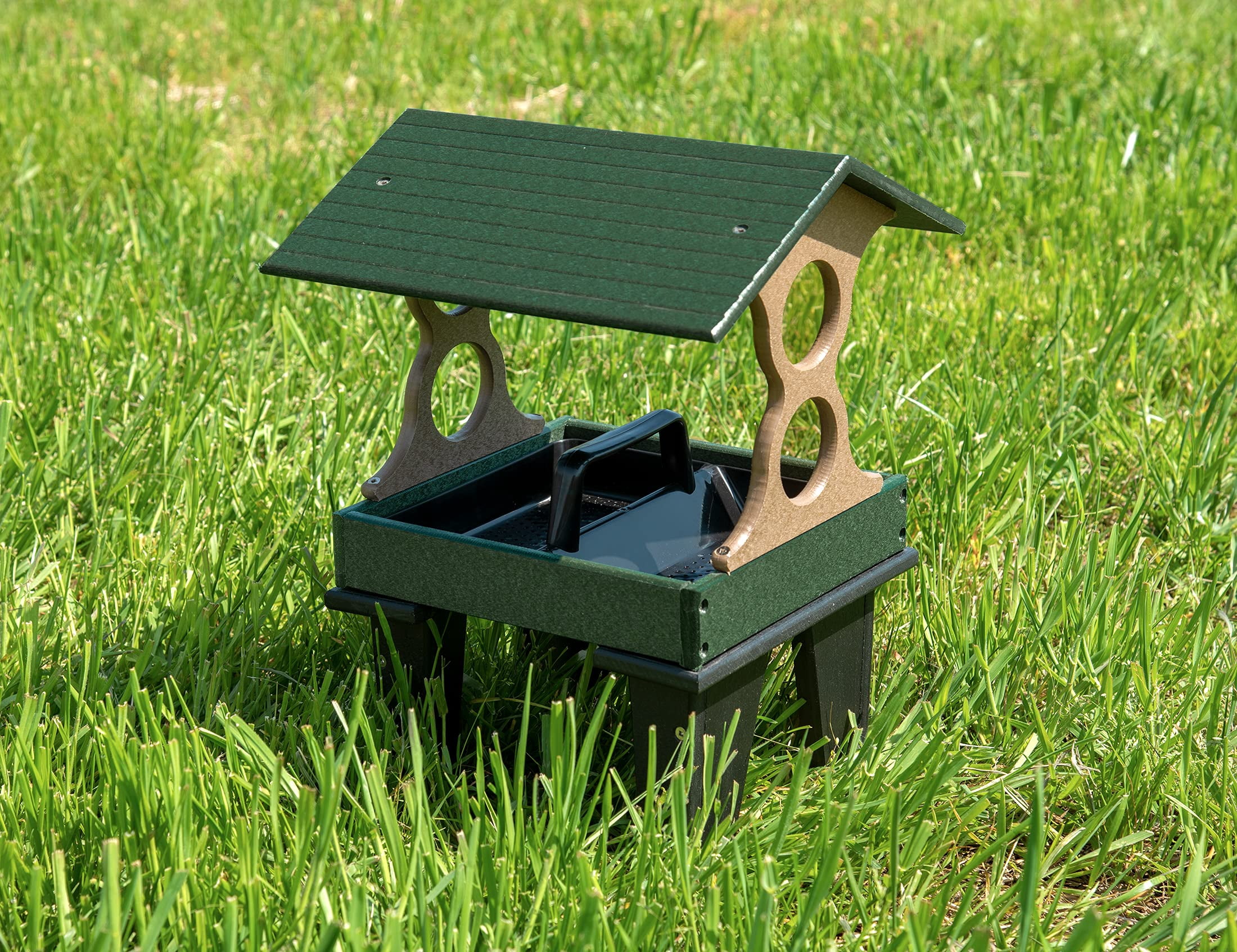 JCs Wildlife Medium Ground Fly Thru Bird Feeder - Holds 4 Cups of Bird Seed - Removable Tray - Covered Platform - Green and Tan