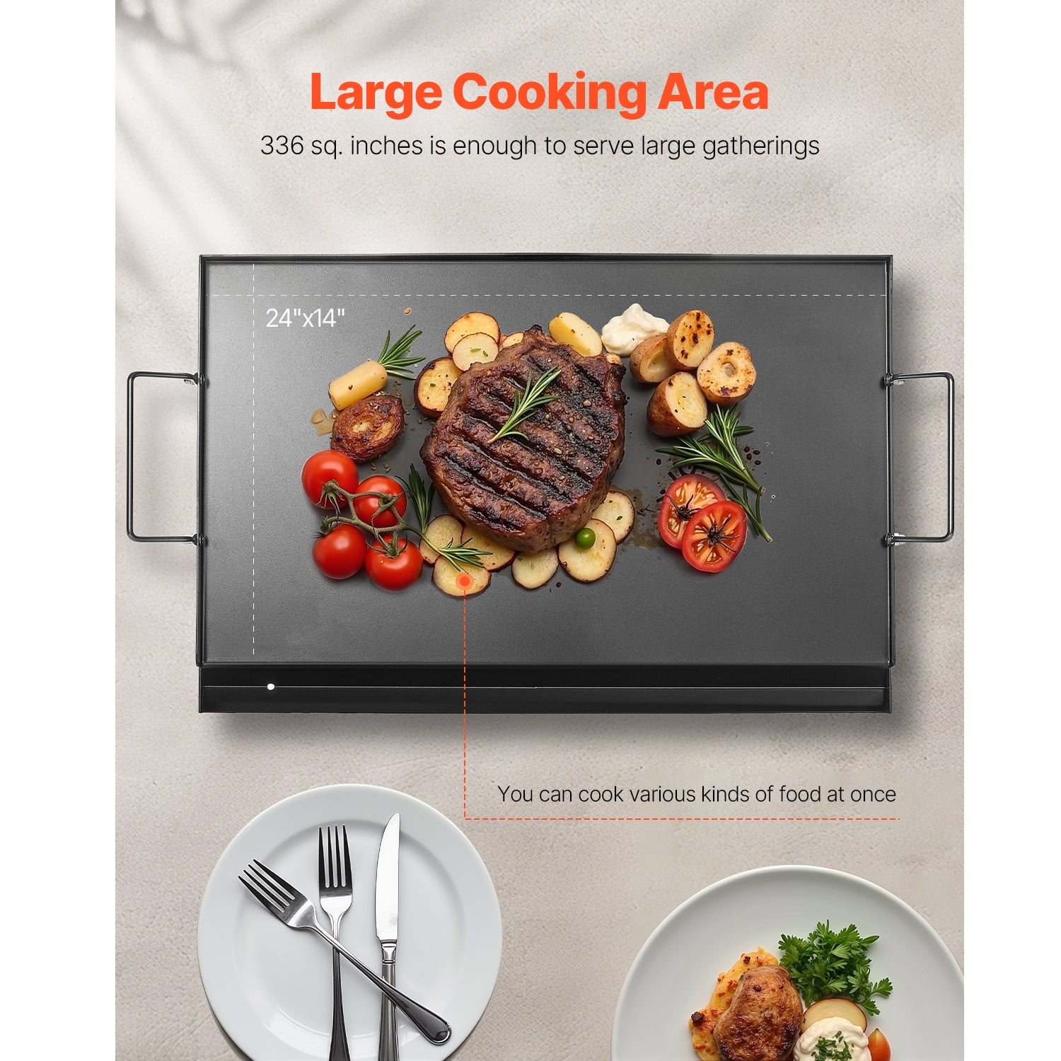 KFFKFF Iron Griddle, 24x16 inch Flat Rectangular Cooking Griddle Pan, Propane Grill Griddle for Barbecue Grill, Hibachi, Compact Family Utensils with Handle, Ideal for Outdoor Cooking