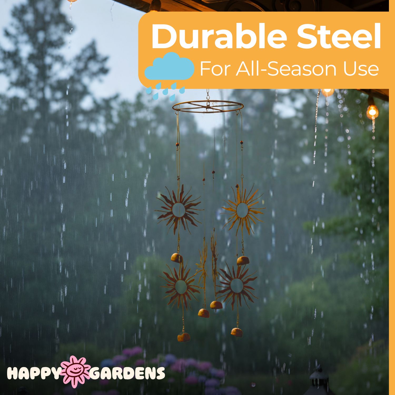Happy Gardens Handcrafted Sun Steel Wind Chime Mobile With 6 Bells (Flamed Finish) Outdoor Metal Hook Hanging Decor For Outside Back Yard
