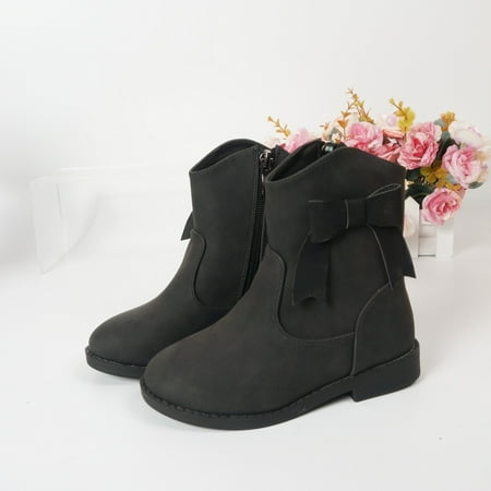 

Girls Leather Boot Side Zipper Non-slip Bow Decor Shoes Winter New