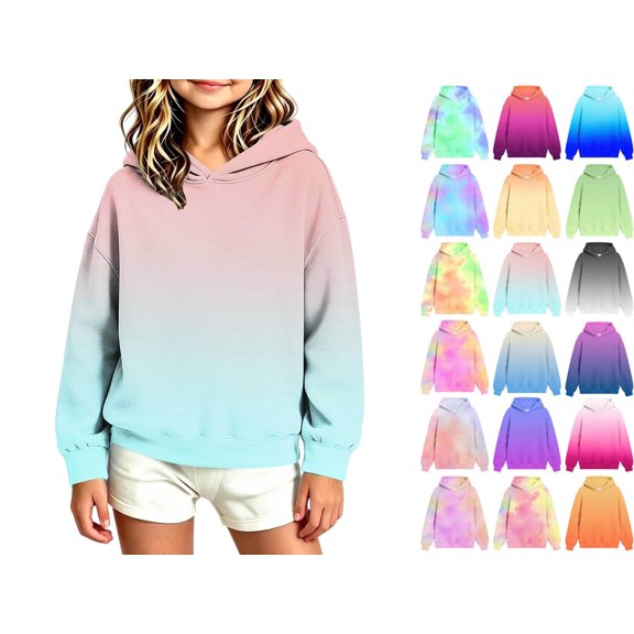 Hoodies for Teen Girls Oversized Sweatshirts Girls Ombre Hoodie Gradient Color Pullover No-Drawstring Long Sleeve Relaxed Fit Casual Sweatshirt for Fall Winter School Daily Wear (Ages 3-14 Years)