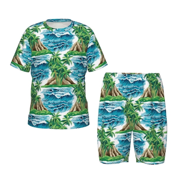 Fotbe Hawaii Palms Pijama Estampada de 2 Piezas para Niños – Ropa de Dormir de Manga Corta Cómoda para Niños y Niñas, Camiseta y Shorts de Algodón-4X-Large