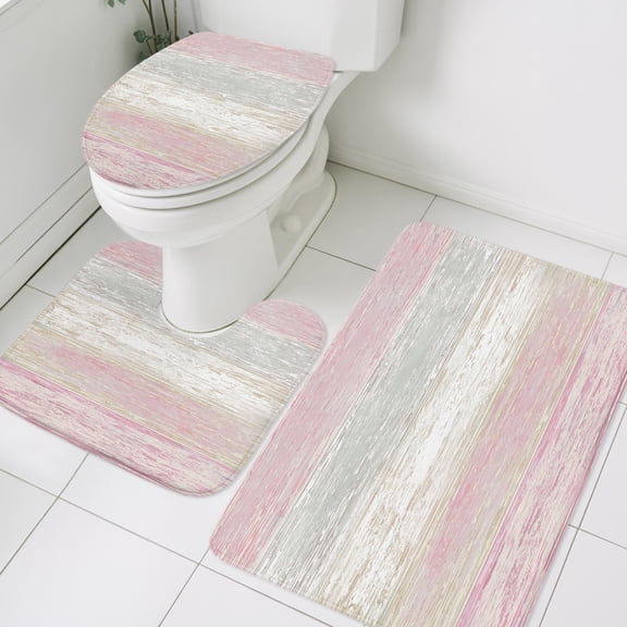 Pink Gray Bathroom Rugs Set White Gradient Rustic Striped Minimalist Country Non Slip Absorbent Soft Bath Mats 3 Piece Set with Bathroom Rug, U-Shaped Floor Mat, Toilet Seat Cover Small Size