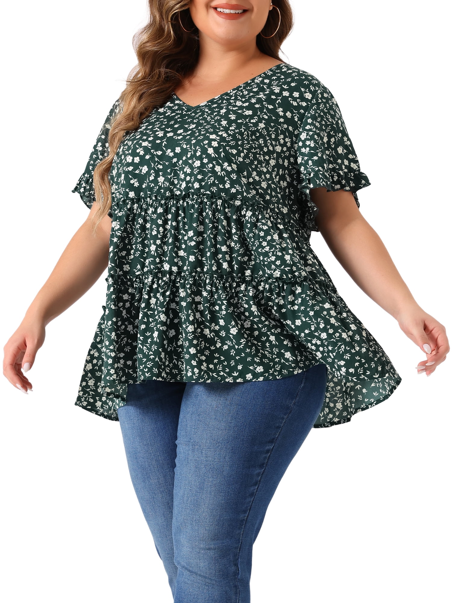 DARING DIVA Women's Plus Size V Neck Short Sleeve Floral Babydoll Blouse 6X Green